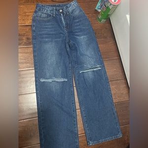SHEIN Petite High Waist Ripped Wide Leg Jeans Dark Wash size 0